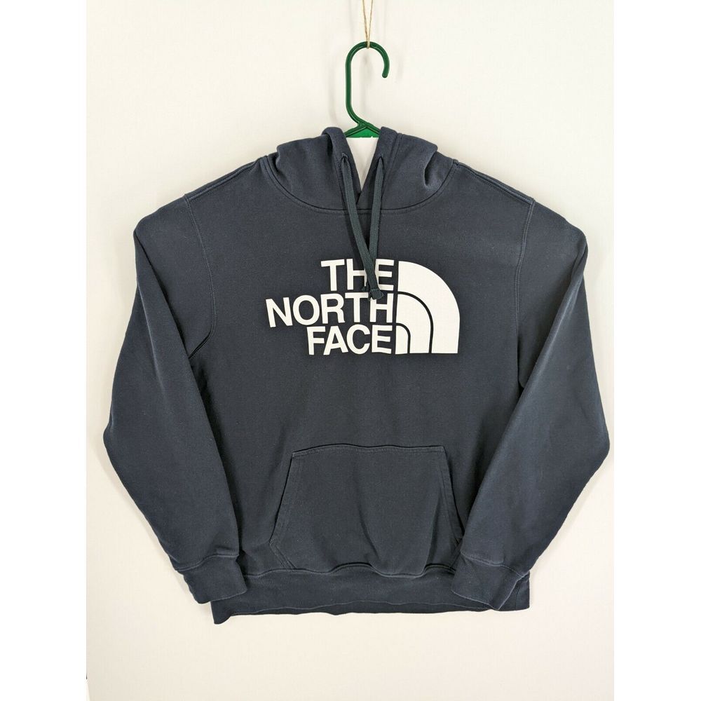 Men's North Face Navy Blue Spell Out Logo Hooded Sweatshirt, Large